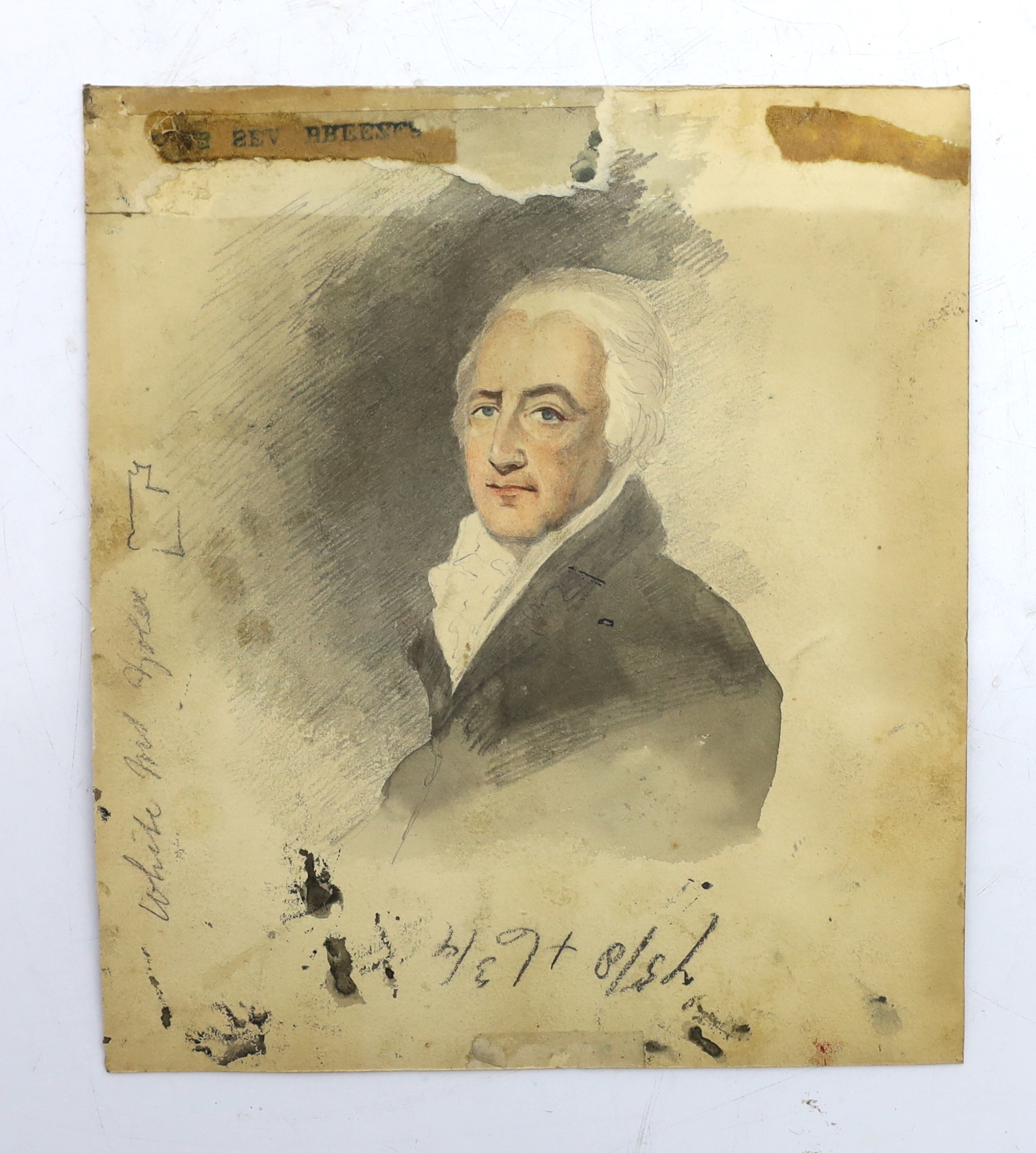 Late 18th century English School - Portrait of Sir William Eden, later 1st Baron Auckland, watercolour on card, 20 x 18cm. A sketch of the sitter verso.